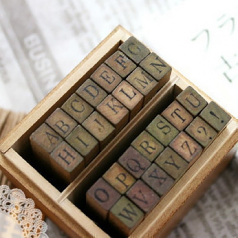 復古英文數字木盒印章diy 字母印章 正體 28枚入