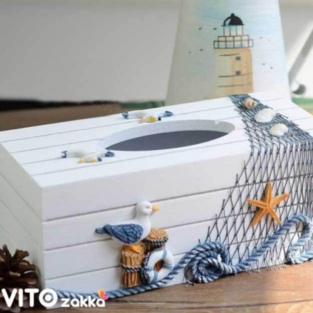 地中海風格裝飾木製彩繪抽取式面紙盒 ☆ VITO zakka ☆ 鐵錨/帆船/海鷗共3款 居家裝飾 婚慶裝飾禮物