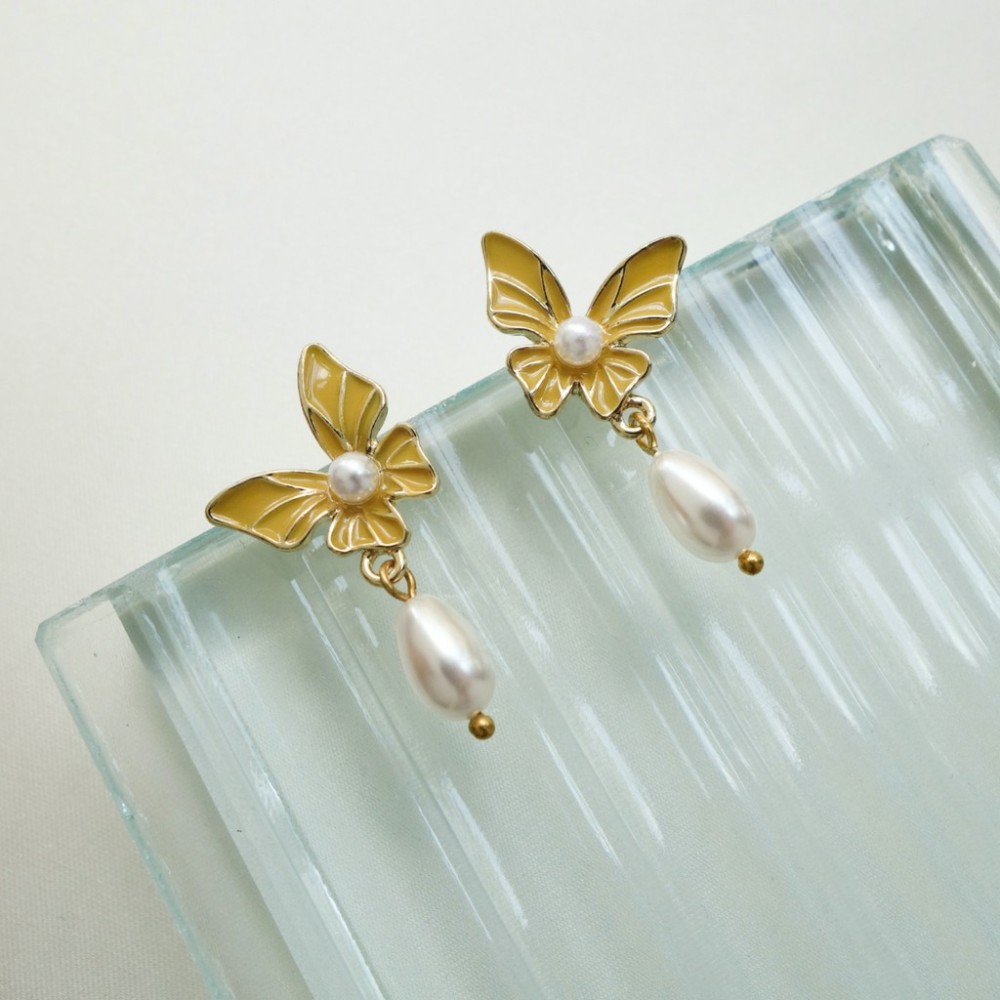 柏琳飾物所 韓國 預購 釉彩 蝴蝶 耳環 珍珠 銀針 質感 氣質