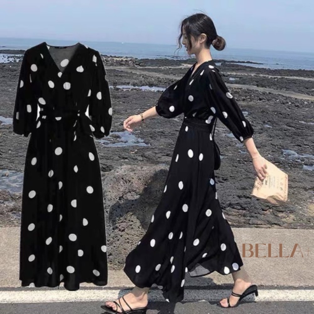 BELLA+🆕波點洋裝V領洋裝點點洋裝開衩洋裝長袖洋裝台灣現貨