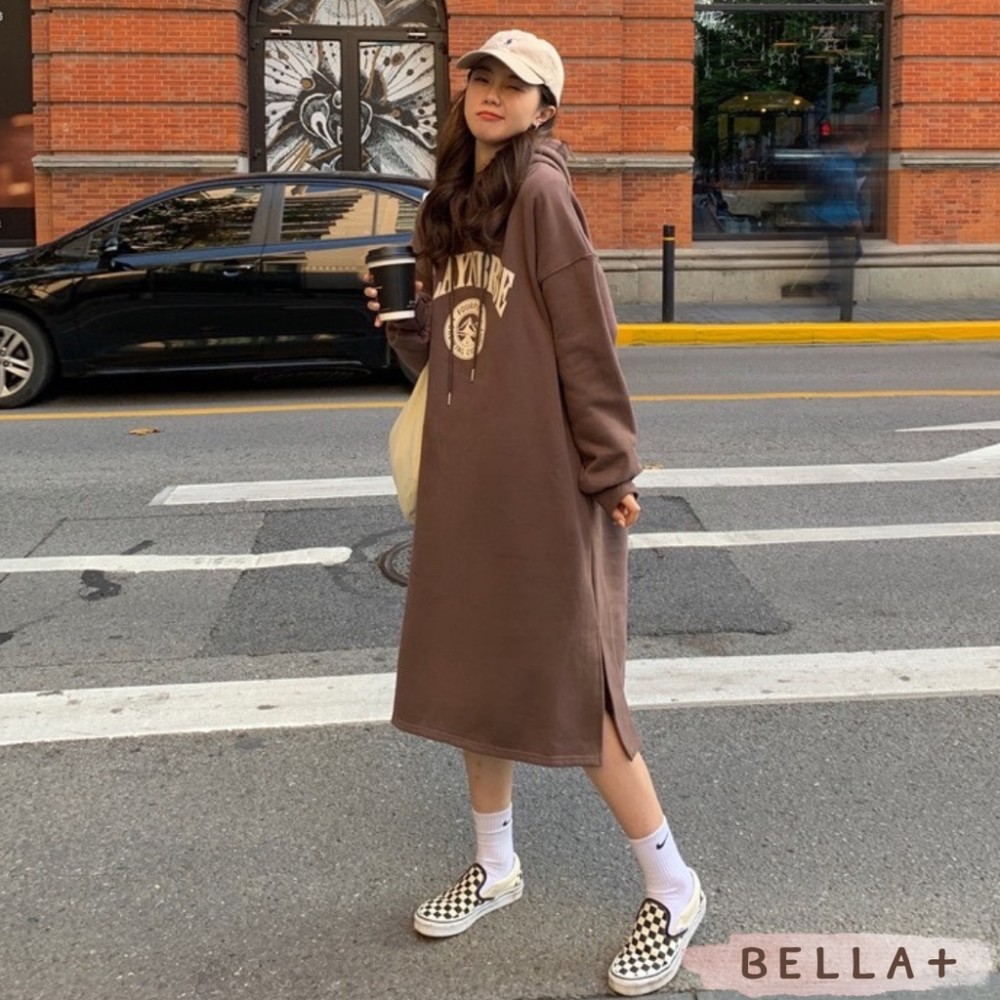 BELLA+🆕大尺碼OVERSIZE長款寬鬆連帽連衣裙帽T洋裝加厚台灣現貨