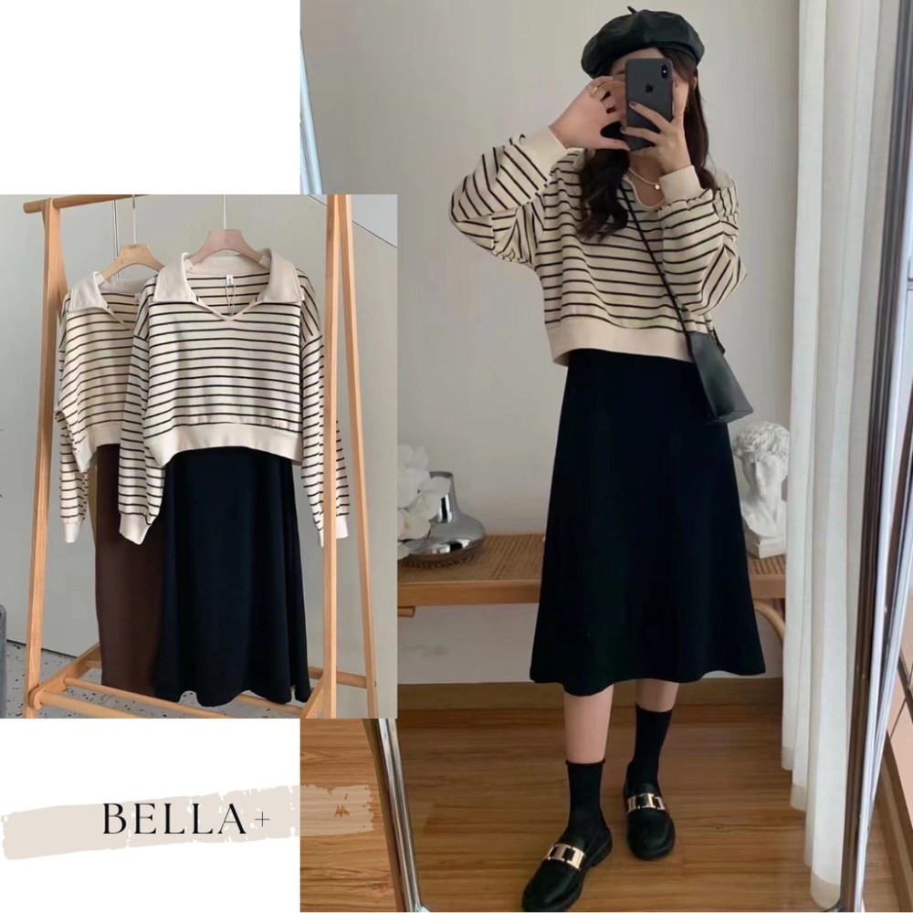 BELLA+🆕兩件式針織連衣裙寬鬆條紋上衣POLO領吊帶裙配色洋裝連身裙圓領上衣長洋裝針織洋裝一件出門
