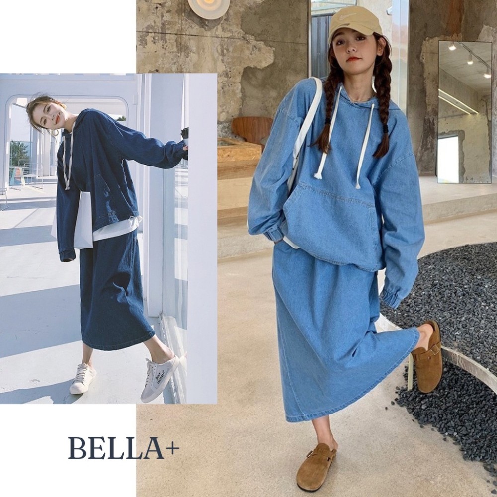 BELLA+🆕兩件式薄牛仔寬鬆假兩件上衣牛仔單寧鉛筆裙後開衩台灣現貨當天出貨