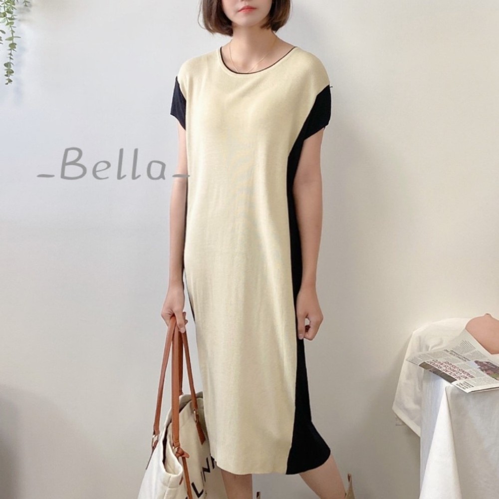 台灣現貨🎀針織洋裝針織毛衣洋裝配色寬鬆大尺碼拼接連身洋連衣裙