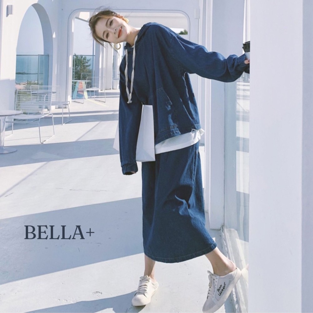 BELLA+🆕兩件式薄牛仔寬鬆假兩件上衣牛仔單寧鉛筆裙後開衩台灣現貨當天出貨