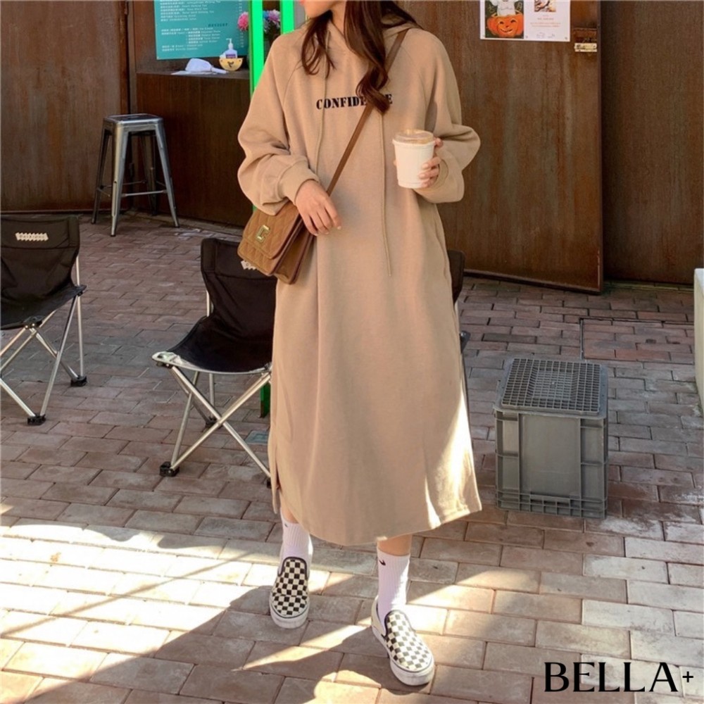 BELLA+🆕大尺碼加厚加寬韓版寬鬆長款字母印花連帽連衣裙帽T台灣現貨