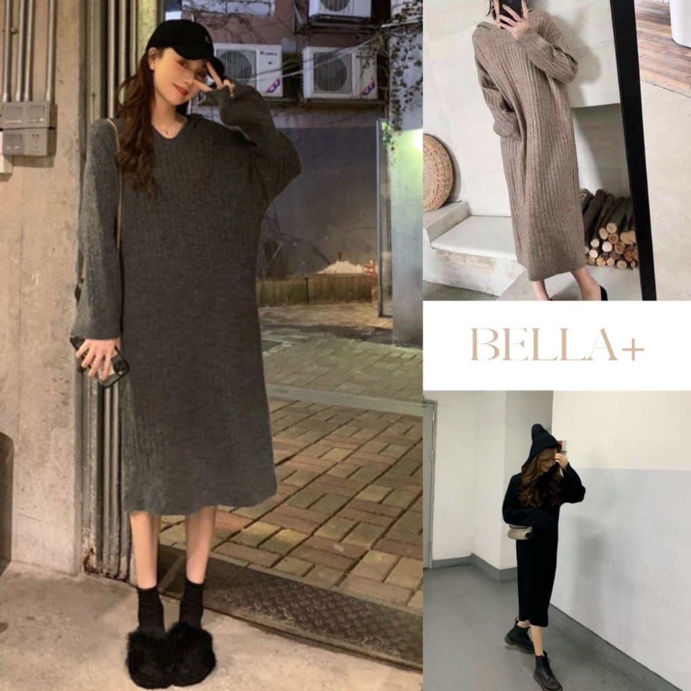 BELLA+🆕寬鬆連帽針織法式連衣裙洋裝連身洋慵懶台灣現貨