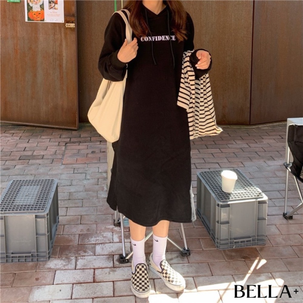 BELLA+🆕大尺碼加厚加寬韓版寬鬆長款字母印花連帽連衣裙帽T台灣現貨