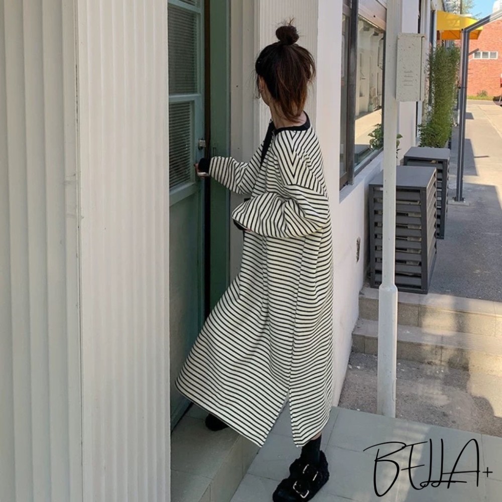 BELLA+🆕大尺碼寬鬆加絨加厚台灣現貨法式慵懶條紋無帽過膝連衣裙