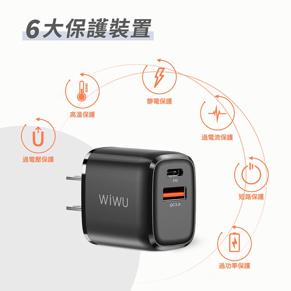 WIWU 雙模快充電源供應器PDQC3.0 20W WB01TW211-黑