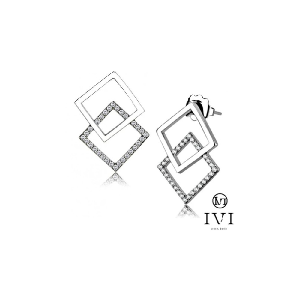 【IVI2002】幾何學方形交疊鋯石不鏽鋼耳環